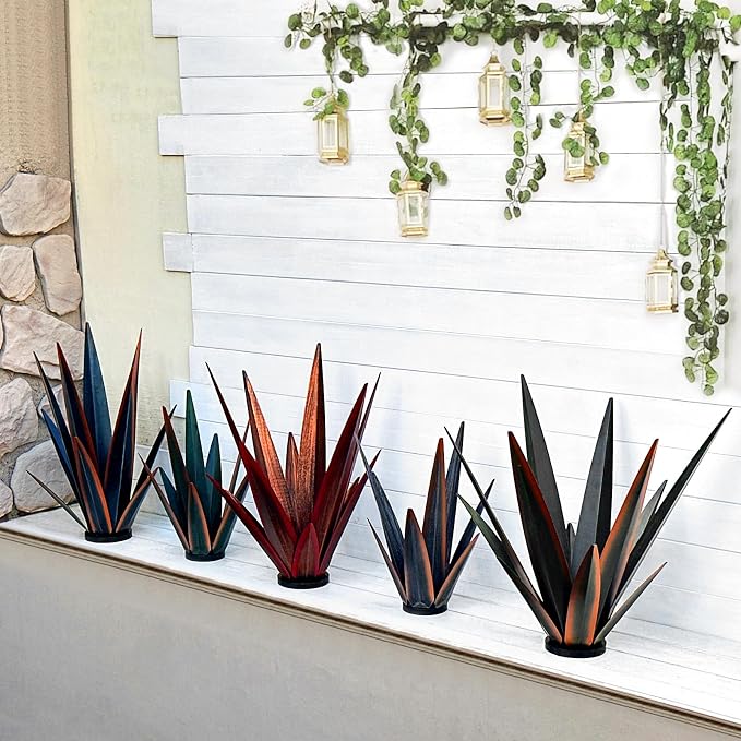 KODIBO 24" Large Metal Agave Plant Outdoor Decor with Solar Light, Black | Waterproof Solar Garden Light, Rust-Resistant Metal, Hand-Painted Finish, Tequila Rustic Sculpture, Desert Steel Yard Art