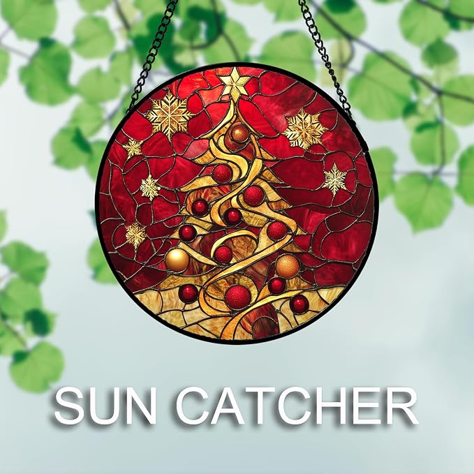 DASTOLL Stained Glass Window Hanging 4 Pcs Set Red Christmas Elk Snowflakes Large 15" - Deer Suncatcher Door Garden Sun Catcher Decor Birthday for Mom Woman Nana Men Friend