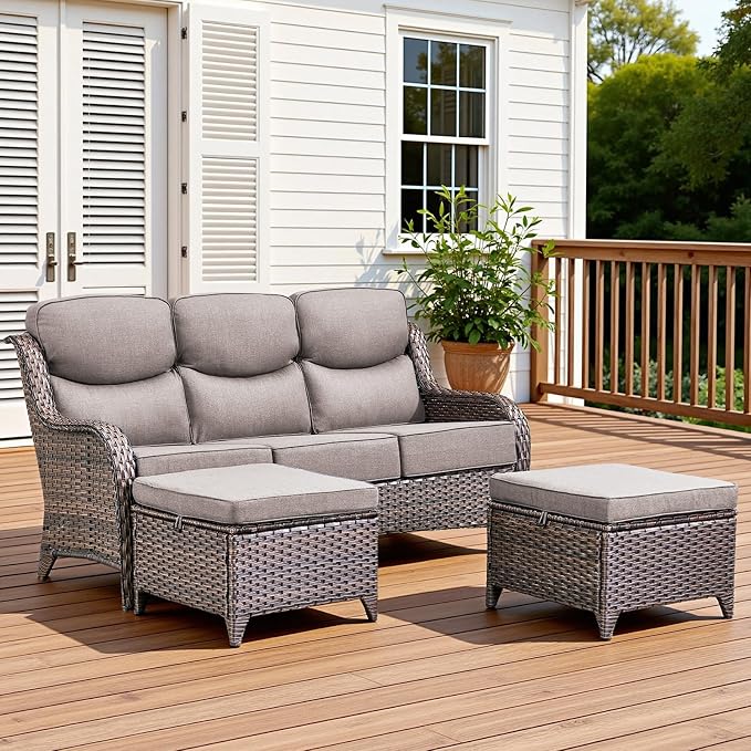 3 Pieces Patio Furniture Sofa Set with 6" Thick Cushions, High Back Wicker Sectional Outdoor Sofa with Ottoman, Outdoor Conversation Set for Balcony Deck Porch Backyard, Brown/Grey