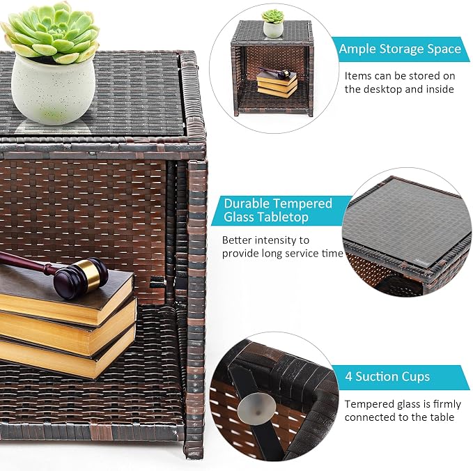 Tangkula 3-Piece Outdoor PE Rattan Furniture Set, Patio Conversation Set w/Chair & Storage Coffee Table, Detachable Cushion, Stable X-Shaped Frame, Perfect for Garden, Backyard, Poolside (Turquoise)