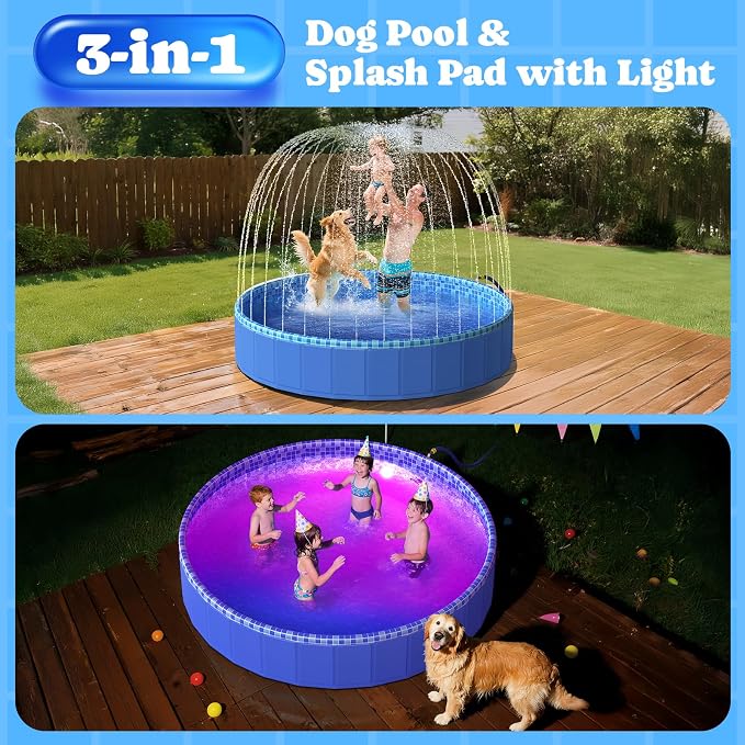 Pawtners 72'' Foldable Dog Pool for Large Dogs, 3 in 1 Portable Kids Swimming Splash Pool with Sprinkler & Light, Non-Slip Heavy Duty Hard Plastic Pet Bathing Tub for Outdoor Backyard