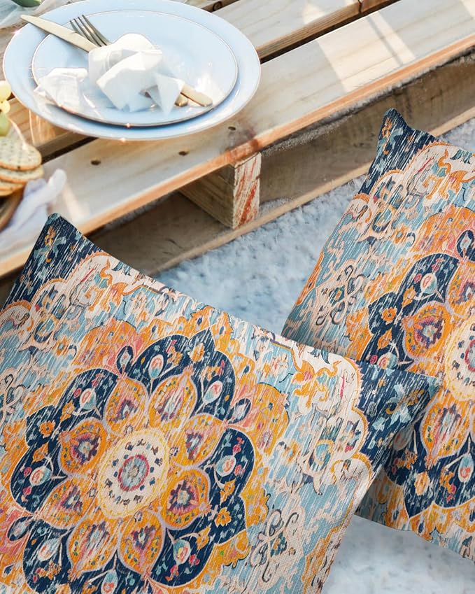 Outdoor Waterproof Pillow Covers Set of 2, Meddle Century Vintage Blue Carpet Mural Pattern Patio Throw Pillow Covers, Decorative Cushion Case for Couch Sofa Furniture Garden, 26x26 Inch