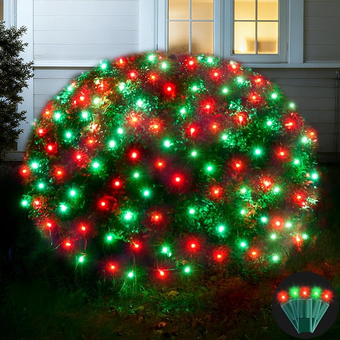 Led Net Lights Christmas Lights Outdoor 200Led 9ftx6ft Upgraded Red and Green Christmas Net Lighting, Waterproof 5mm LED Wide Angle Outdoor Indoor Mesh Net Light for Trees, Bushes, Shrubs Decorations