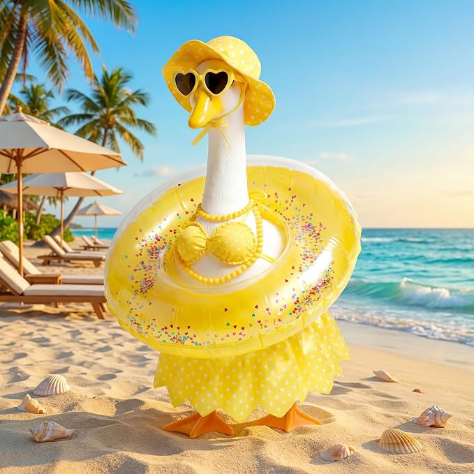 Hawaiian Porch Goose Outfit - Fits 23" Plastic Goose Statue | Yellow Bikini, Swimming Ring, Heart Glasses & Necklace Set - Summer Goose clothes for Lawn, Yard, Garden Decor