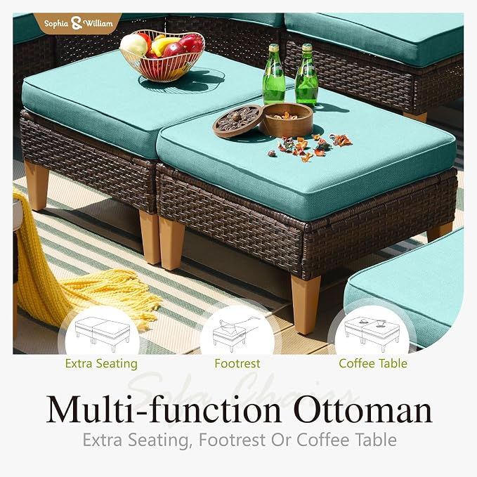 Sophia & William Patio Furniture Sets, 9 Piece Sectional Outdoor Rattan Wicker Sofa, All Weather Patio Conversation Set for Deck Backyard Lawn, Outdoor Couch, Blue