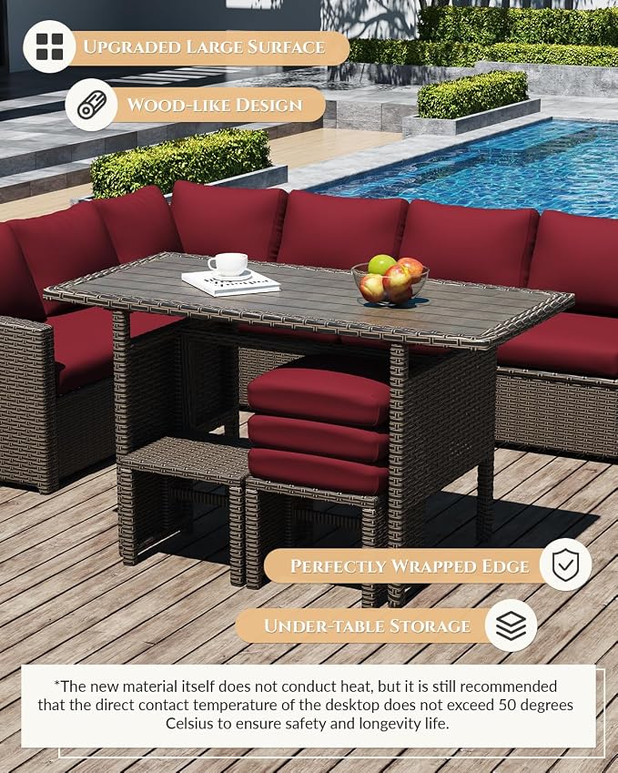 U-MAX 7 Pieces Patio Furniture Set with Waterproof Cover, Outdoor Sectional Sofa Conversation Set, All Weather Wicker Rattan Dining Table & Chair with Ottoman, Brown Rattan&Wine Red Cushion