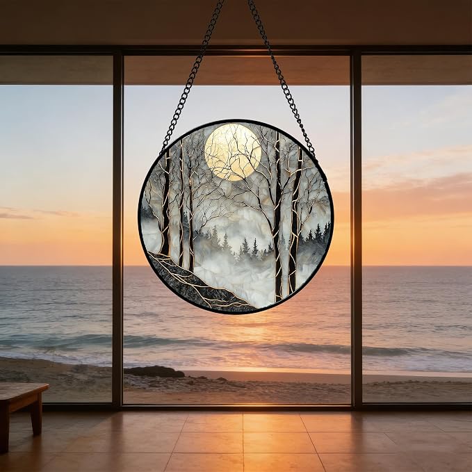 Stained Glass Window Hanging - Black and White Gold Moon Forest Sun Catcher for Door Home Decor Suncatcher Christmas Mother's Day Birthday Gifts for Women Men Lovers Mom Nana 9.8 in
