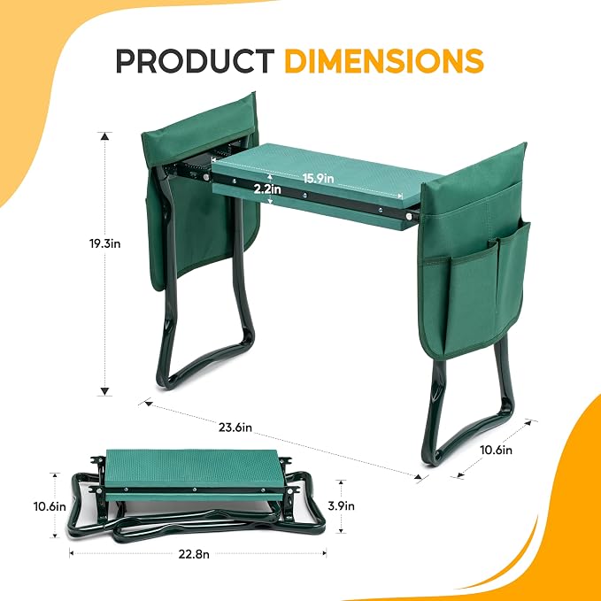 Simple Deluxe Garden Kneeler and Seat, Foldable Kneeling Stool with Thicker EVA Foam Pad, Heavy Duty Bench with 2 Tool Pouches, Gifts for Outdoor Gardening, Fishing, Green.