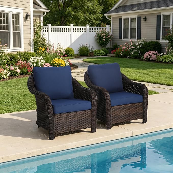 Outdoor Wicker Chair Set of 2, All-Weather Use Patio Rattan Chair with Seat and Back Cushion, Ideal for Porch, Backyard, Balcony, Poolside, Blue