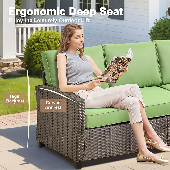 ovios 5 Pieces Patio Furniture Set, Outdoor Wicker Sofa Couch with Chairs Comfy Cushions, All Weather Brown Rattan Conversation Set for Backyard Deck Porch, Green