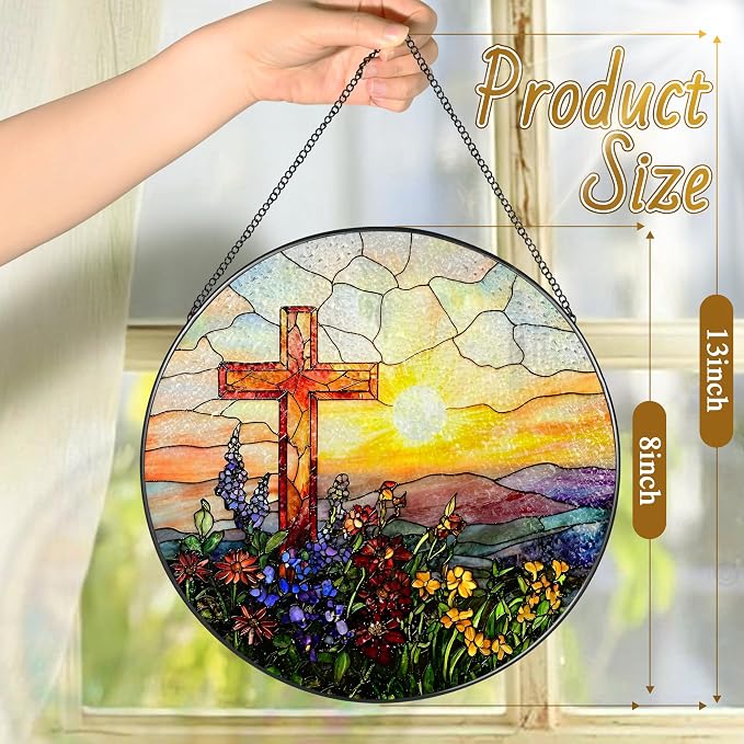 8 Inch Cross Sunset Suncatchers for Windows Hanging, Indoor Decor 8 Inch, Stained Glass Gift, Christian Gifts, Religious Gifts, Christian Cross, Christmas Jesus Gift, Window Decor