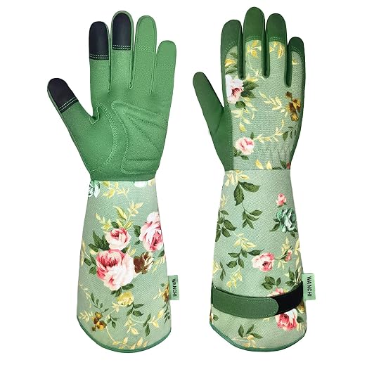 WANCHI Garden Gloves, Long Sleeve Leather Gardening Gloves for Yard and Gardening Work, Gardening Gifts for Women, Cute, Comfortable, Durable, Green Print (Small)