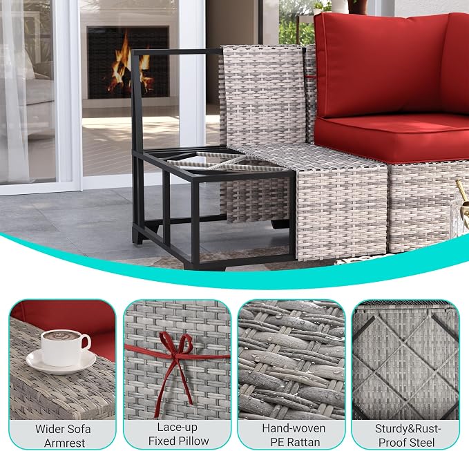 8-Piece Outdoor Patio Furniture Set Wicker Sectional Sofa Set with Ottomans, Patio Conversation Set with Thickened Cushions & Coffee Table for Garden, Backyard, Poolside, Red