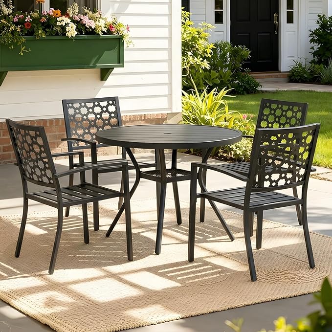 MEOOEM 5-Piece Patio Dining Set for 4, Outdoor Round Tables and Stackable Chairs Set of 4, All Weather Heavy Duty Black Metal Outdoor Patio Table and Chairs for Outside, Deck, Garden, Backyard