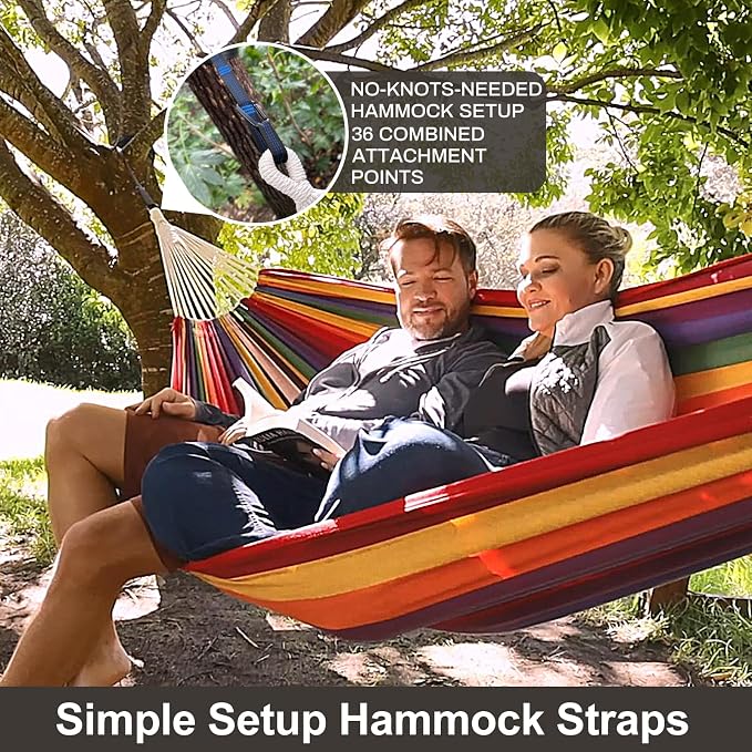 CHULIM Brazilian Double Hammock with Tree Straps,Extra Large 94x63IN,2 Persons Hammock for Backyard Patio Outdoor and Indoor,450lbs Weight Capacity,Soft Woven Cotton Fabric - Coffee Stripe