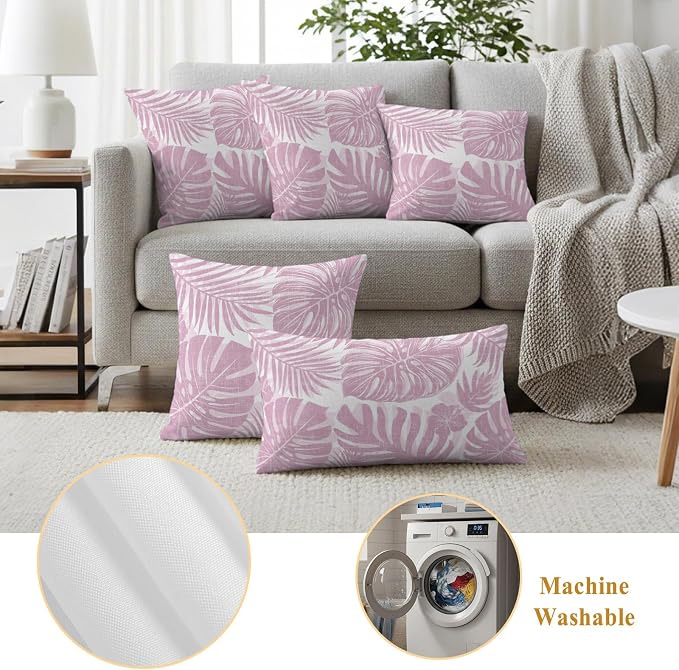 Pink Palm Leaves Outdoor Pillow Covers 24"x24" Set of 2, Tropical Botanical Minimalist Modern Waterproof Throw Pillow Covers for Patio Furniture, Decorative Cushion Covers for Porch