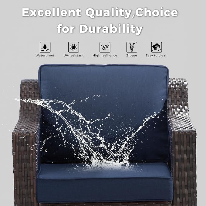 3 Pieces Patio Conversation Furniture Set - 1 Sofa, 2 Swivel Chairs, Outdoor Wicker Furniture with Removable Cushions for Porch, Balcony, Sunroom (Blue)