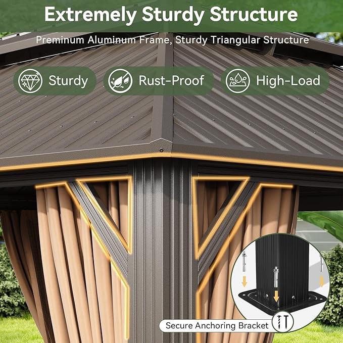 Aoxun 12’x12’ Outdoor Gazebo, Heavy Duty Canopy Pavilion with Ventilated Double Roof, Patio Pergola with Netting and Curtains for Backyard, Garden, Deck (Brown)