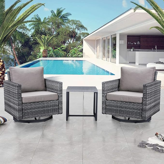 Belord Outdoor Bistro Set 3 Piece Wicker Swivel Rocker Patio Chairs, Oversize Outdoor Rattan Seating Set, Patio Swivel Glider Chairs Wicker Furniture with Metal Side Table for Outside Porch Backyard