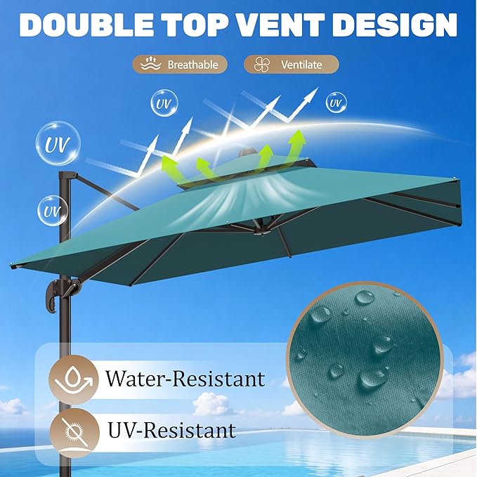 10x10Ft Patio Umbrella Outdoor Cantilever Rectangle Umbrella, 6-Level Tilt & 360° Rotation Offset Umbrella for Garden, Deck, Pool(Turquoise)