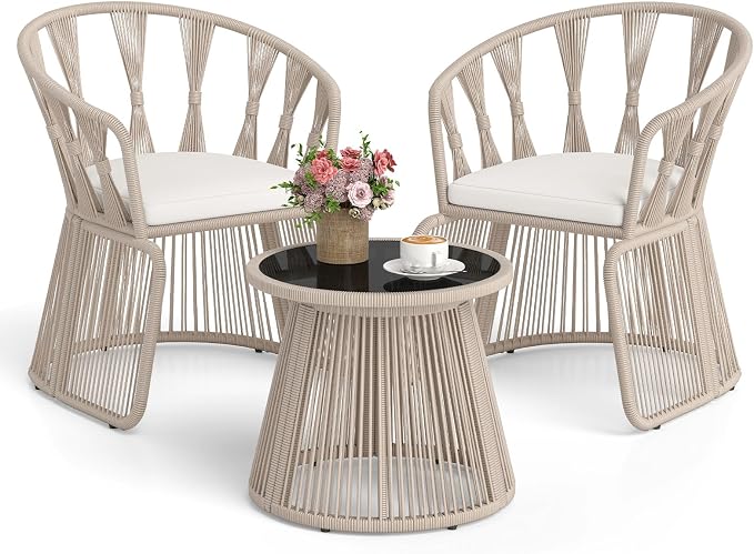 Tangkula 3 Piece Patio Leisure Chair Set, Outdoor Rope-Woven Cushioned Armchairs & Table Set with Tempered Glass Tabletop, for Balcony, Porch, Backyard (Off White)