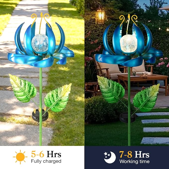 Solar Yard Lights Wind Spinners- Metal Lotus Flower Garden Decor LED Crackle Glass Globe Yard Art Sculpture Solar Stake Lights for Patio Pathway Lawn Walkway (Blue-Large)