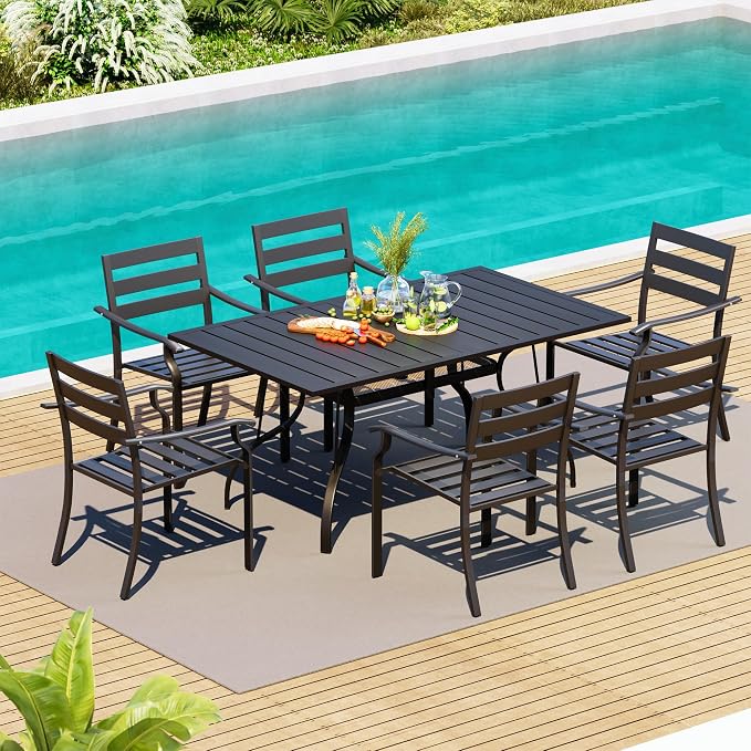 HOMREST 7 Piece Outdoor Patio Dining Set for 6, 63" Rectangular Metal Table with Umbrella Hole and Storage Shelf, Stackable Steel Chairs, Large Patio Furniture Set for Deck/Backyard/Poolside/Garden