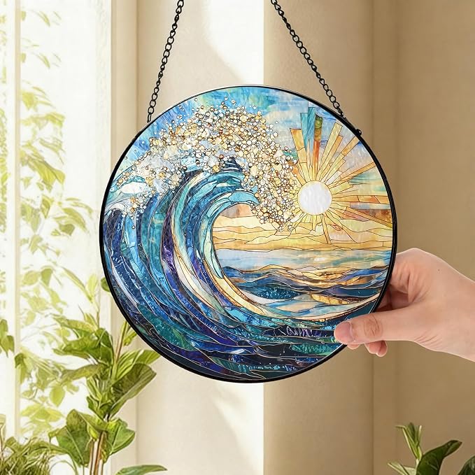 The Ocean Waves and The Sunrise Suncatcher Stained Glass Window Hanging | 7.9 in, Sun Catcher, Garden Decor