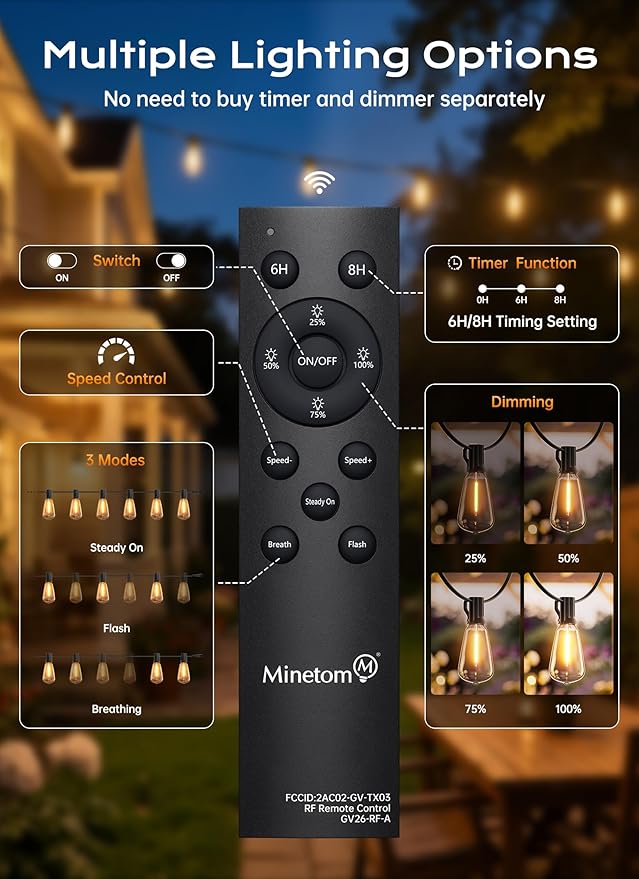 Minetom 100FT Outdoor String Lights with Remote, ST38 Patio Lights Dimmable | Waterproof LED Christmas Lights with 3 Modes, Shatterproof Connectable Outside Lights for Backyard Porch Deck Garden Decor