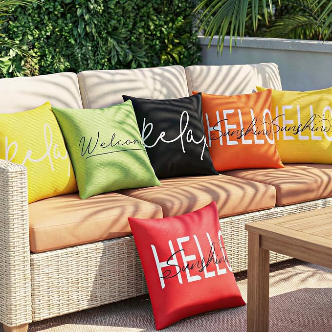 Lewondr Waterproof Outdoor Throw Pillow Cover, 18×18", Red | 2 Pack, Hello Sunshine Printing, Summer Garden Decor, For Patio Sofa, Balcony Couch, Bench Porch