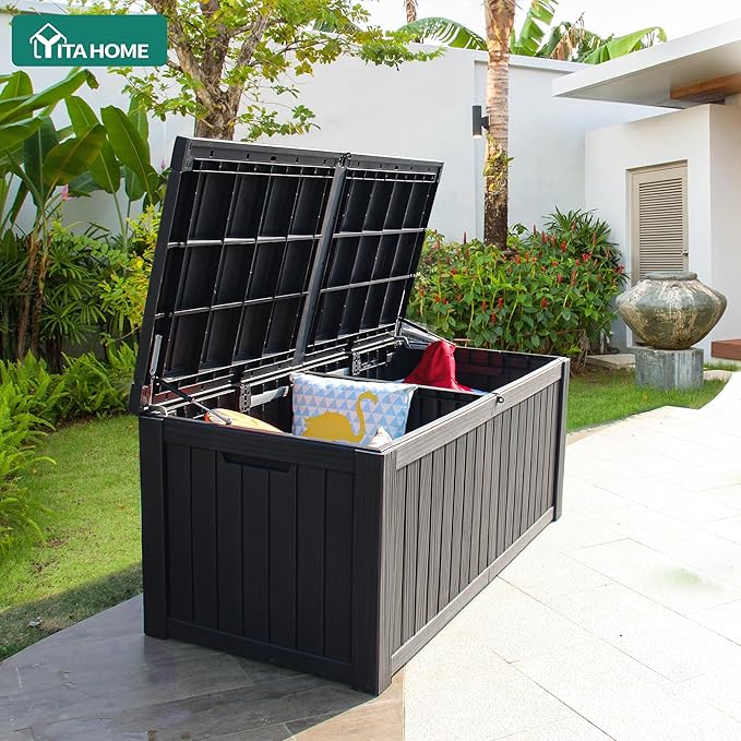 YITAHOME 180 Gallon Large Deck Box w/Divider, XL Waterproof Outdoor Storage for Patio Furniture,Outdoor Cushions, Garden Tools, Sports Equipment and Pool Supplies, Resin, Lockable, Black