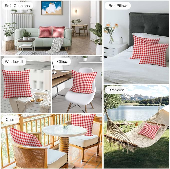 Outdoor Waterproof Throw Pillow Covers Set of 2 Red White Buffalo Plaid Pillowcases 24x24 Inches Pastoral Checked Decorative Pillows Cushion Case Patio Pillows for Couch Bed Chair Garden