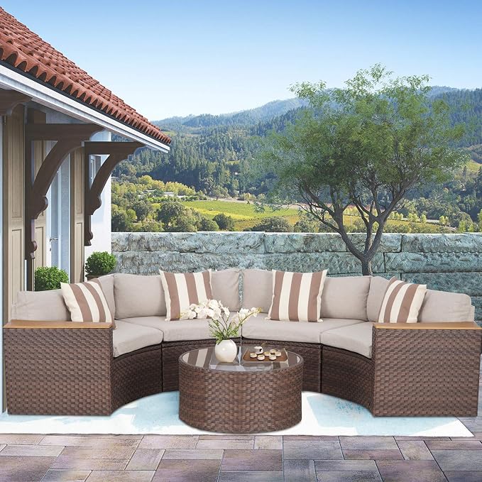 Incbruce Outdoor Half Moon Patio Furniture 5-Piece Curved Outdoor Sofa, All-Weather Outdoor Sectional Furniture Patio Conversation Sets with Round Tempered Glass Top Table(Brown Cushions)