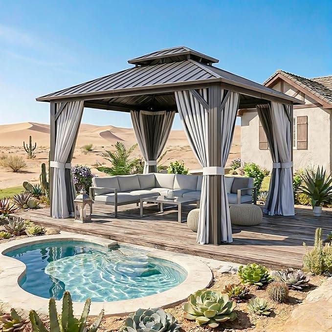 10x10FT Hardtop Gazebo, Metal Frame with Double Galvanized Steel Roof, Permanent Outdoor Pergola with Curtains and Netting Included for Backyard, Patio, Lawn and Garden, Gray