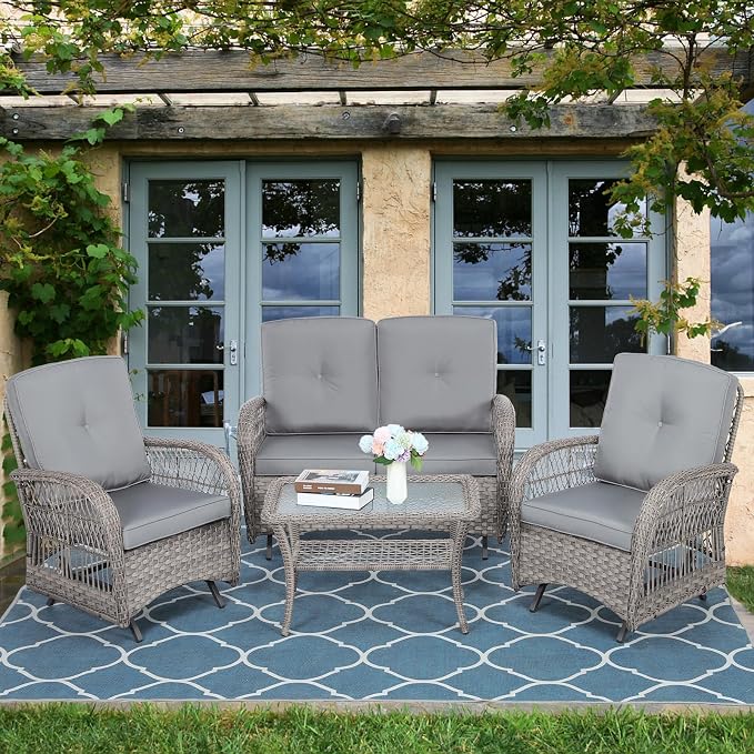 4-Piece Wicker Patio Furniture Sets Outdoor All-Weather Rattan Conversation Set Includes Glider Loveseat, Glass-Top Coffee Table, 2 Glider Rocker Chairs with Thickened Cushions, Gray