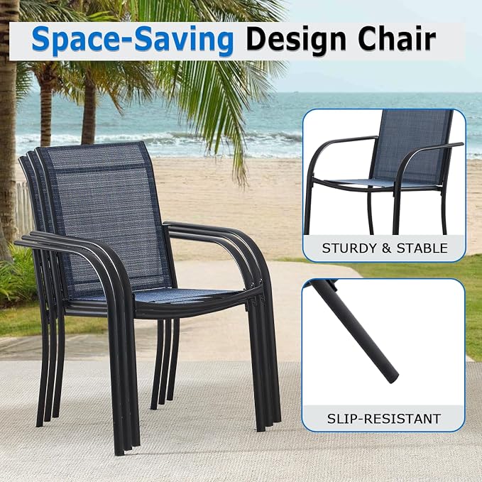 5-Piece Outdoor Dining Set, Square Metal Table with Dark Blue Chairs, Black Patio Table with Umbrella Hole for Garden, Yard, Patio