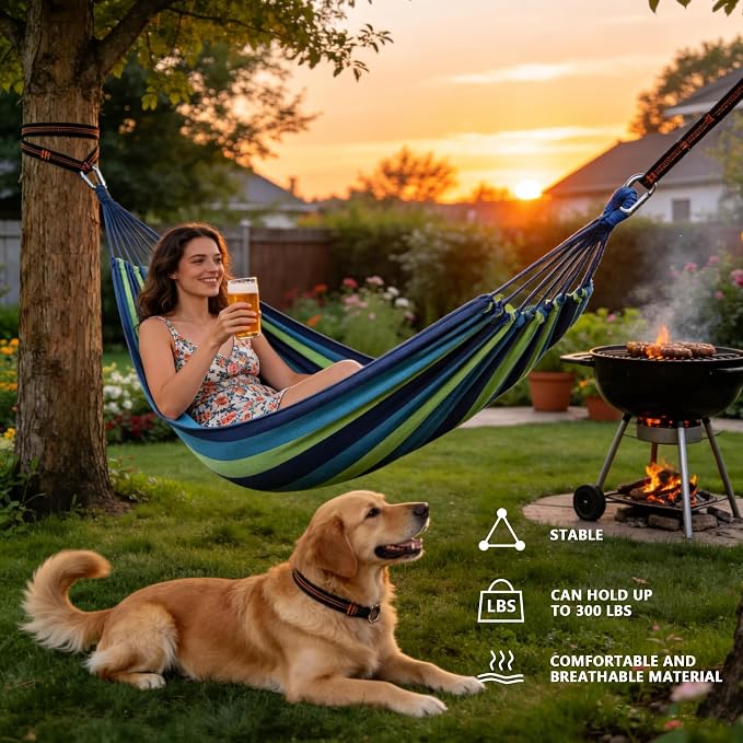 Outdoor Amacas Garden Camping Hammock Portable for Patio Yard Porch Travel | Hammock Nylon Hiking Beach Backpack Survival Travel- Up to 300lbs with Tree Straps