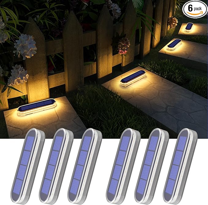 YiLaie Solar Stair Lights Outdoor Waterproof, Stick on Solar Strip Lights Auto ON/Off, Small Step for Outside Dock Driveway Mailbox Deck Solar Powered Warm White (6 Pack)