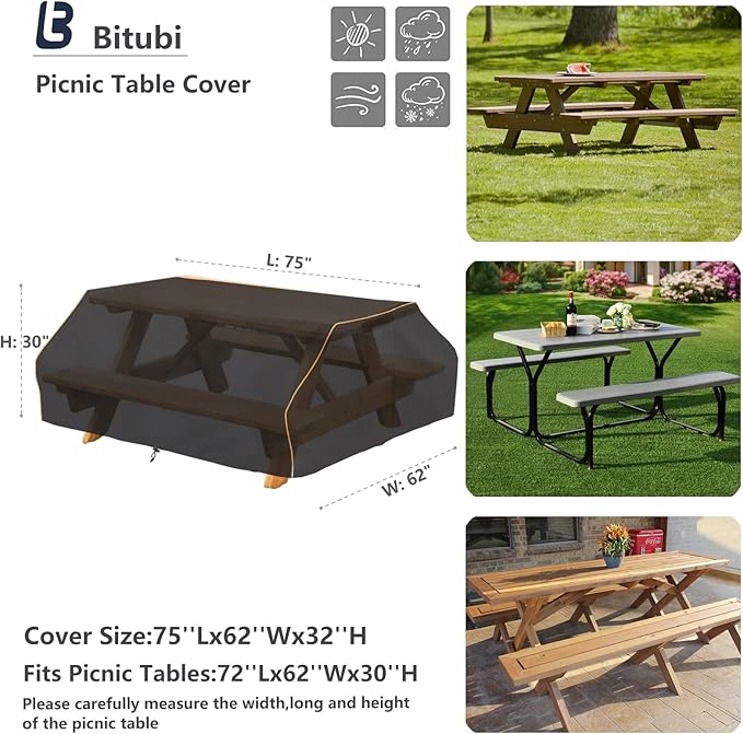 Bitubi 70 / 72 Inch Waterproof Picnic Table Cover With Bench Covers,Classic Black Wind Dust Proof Anti-UV, 72”Outdoor Cover For Picnic Table