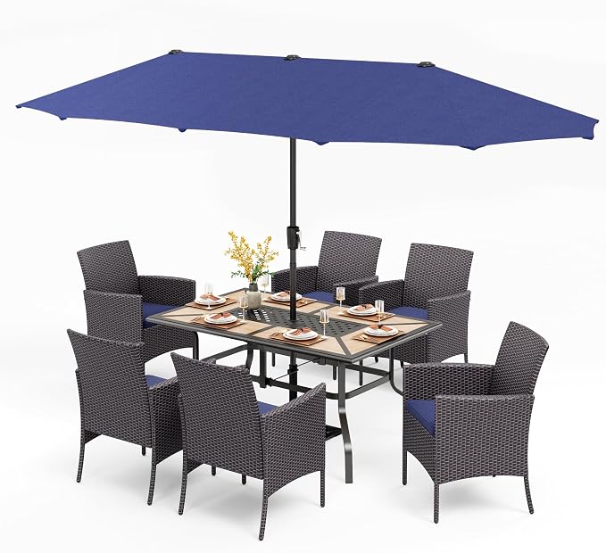 PHI VILLA 7pc Patio Dining Set w/Umbrella, Wood-top Table, Rattan Chairs | Outdoor Dining Set for 6, Metal Dining Table & 6 Cushioned Rattan Chairs with Blue Umbrella for Outdoor, Deck, Yard, Porch