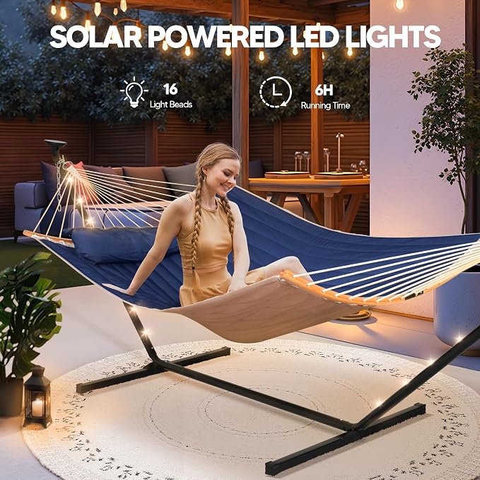 SUNCREAT Double Outdoor Hammock with 12 ft Stand, Solar Powered Lights, Portable 2 Person Hammock with Stand, Dark Blue