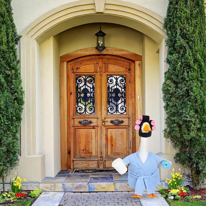 Shyyween Lady Porch Goose Outfits 23 Inch Light Blue Bathrobe Porch Goose Outfit with Curlers Coffee Cup Lawn Geese Clothes for Cement Plastic Statue