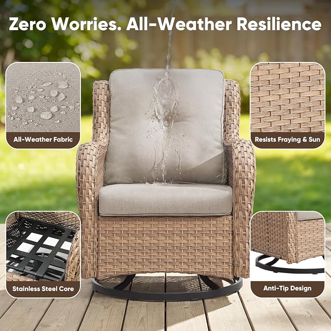 Belord 6 Piece Wicker Patio Furniture Set, Outdoor Swivel Rocker Chairs Set of 2 with Ottomans and 3 Seater Sofa, All Weather Patio Conversation Furniture Set, for Pool,Yard Yellow Wicker/Beige