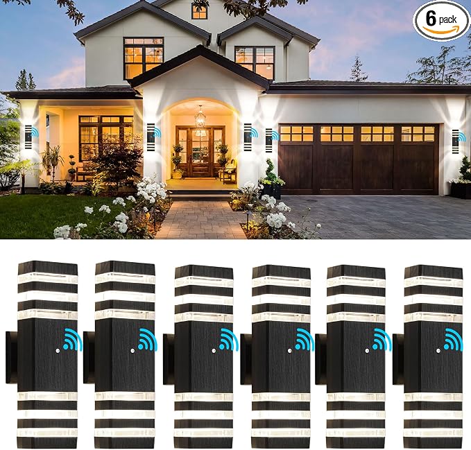 6 Pack Outdoor Wall Lights Dusk to Dawn Exterior Light Fixture, 3-Layer Black Outdoor Lights for House, IP65 Waterproof Up and Down Outside Porch Lights for Garage Patio, 3000K