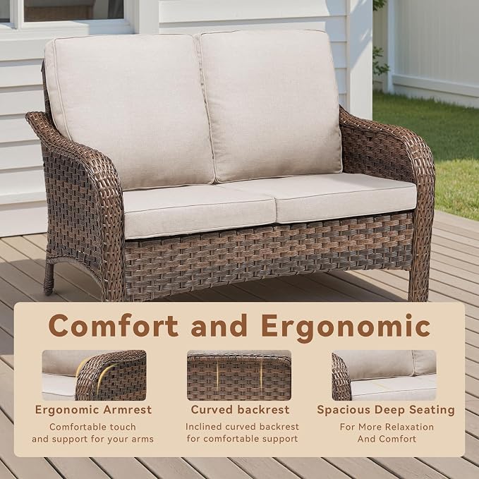 6 PCS Patio Furniture Set, 2 Outdoor Wicker Loveseat Sofas & 2 Swivel Rocking Chairs with 2 Ottomans, 4-Inch Thick Olefin Cushions, 300 lbs Capacity Rattan Conversation Set for Porch, Beige