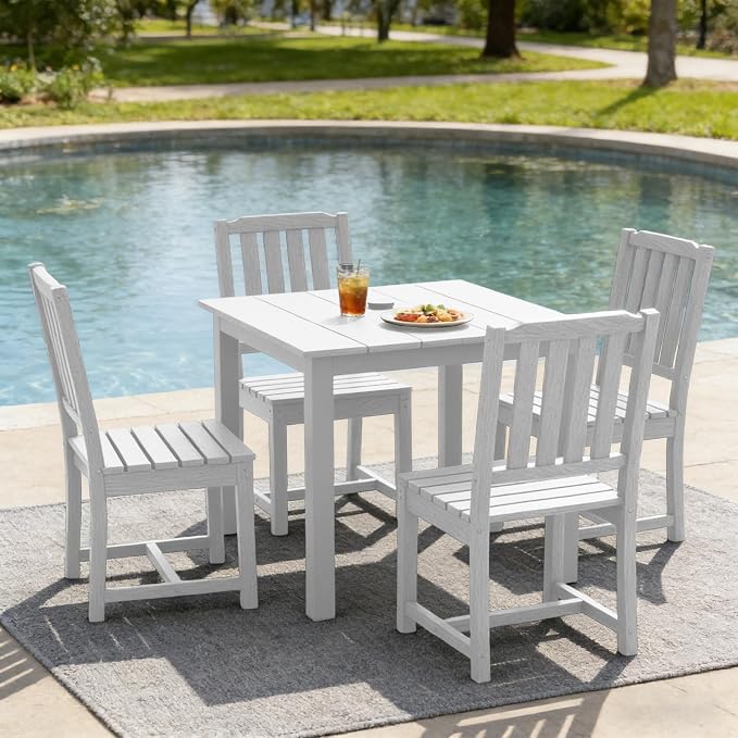 LOUNZY 5 Piece Outdoor Dining Table Set, Patio Furniture for 4, White | 4 seat Outdoor dining set, weather resistant HDPE, UV and moisture resistant, built for long-term backyard