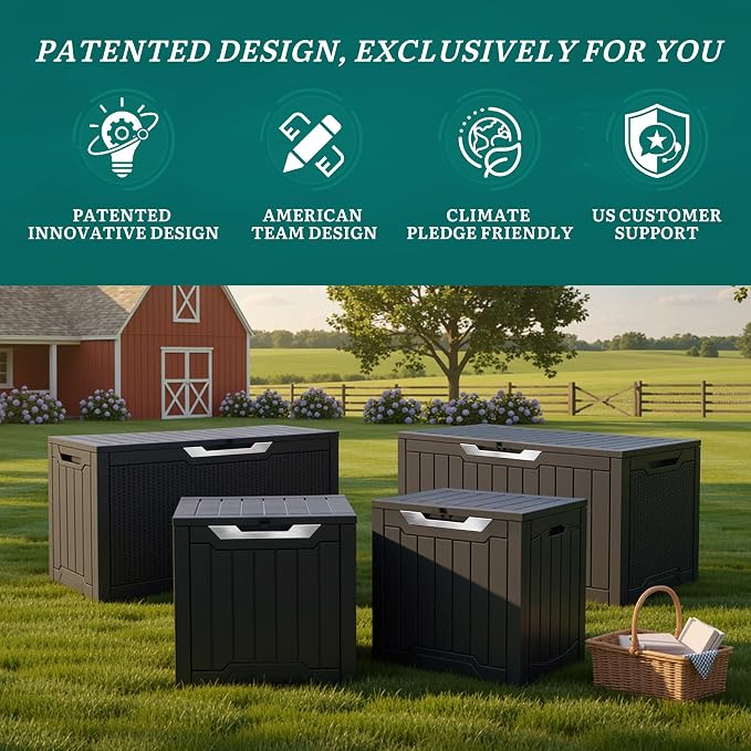 YITAHOME 80 Gallon Outdoor Storage Box, Large Water Resistant Resin Deck Box w/Silver Decorative PVC Trim Panel, Lockable Rattan Storage Container for Patio, Garden, Cushions, Tools (Black & Silver)