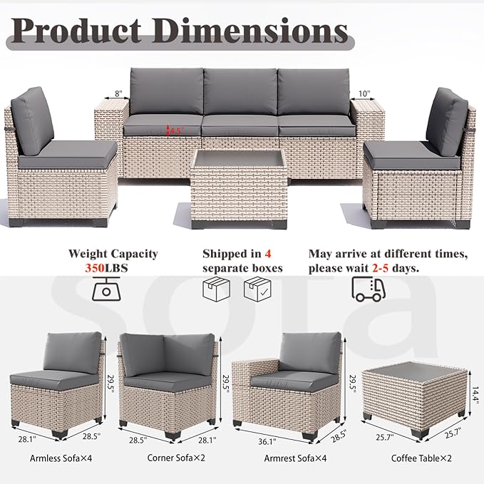 12 Pieces Patio Furniture Set, Outdoor Sectional Wicker Sofa with Thickened Cushions and Coffee Table, High Back Rattan Patio Conversation Sets for Garden Backyard, Grey