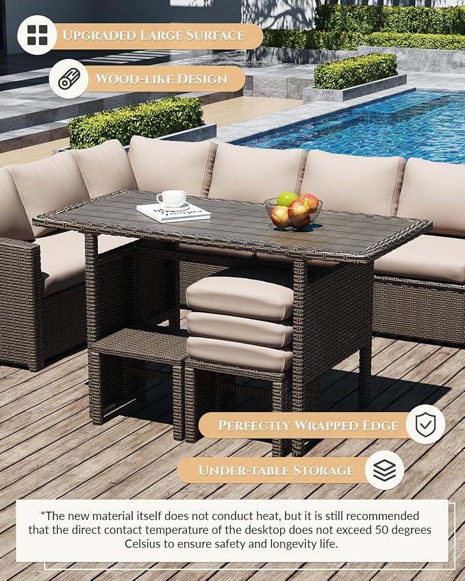 U-MAX 7 Pieces Patio Furniture Set with Waterproof Cover, Outdoor Sectional Sofa Conversation Set, All Weather Wicker Rattan Dining Table & Chair with Ottoman, Brown Rattan&Khaki Cushion