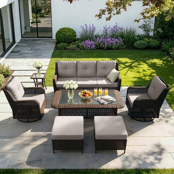 Kullavik 7 Pieces Patio Furniture Set,All-Weather Wicker High Back Outdoor Swivel Rocker Patio Chairs with Coffee Table & Thick Cushions,Paito Conversation Set for Porch,Deck,Sand